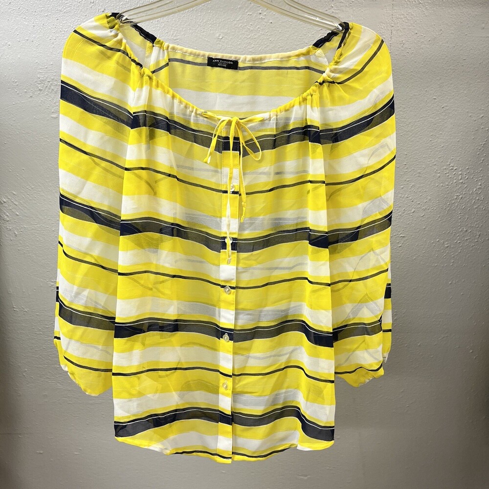 Ann Taylor Womens Striped Sheer Top Blouse Long Sleeve